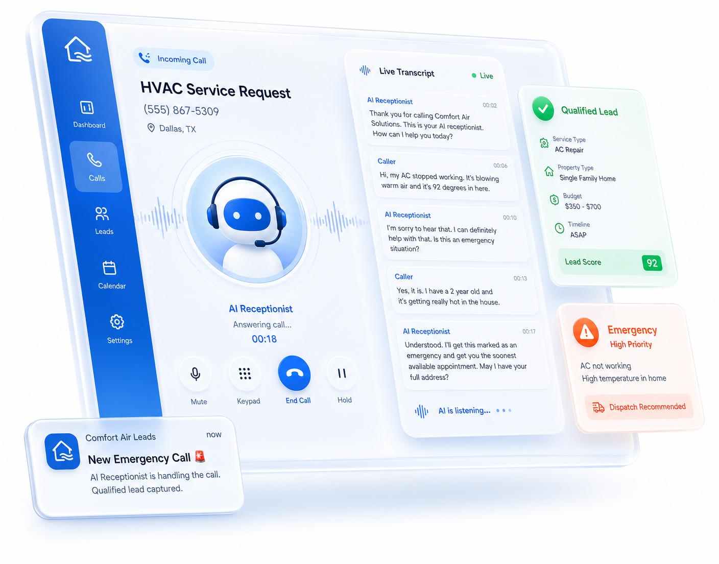 Tevixia AI receptionist dashboard answering an HVAC service call and flagging an emergency lead
